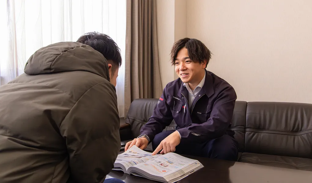 資料を見ながらお客様に説明を行う社員